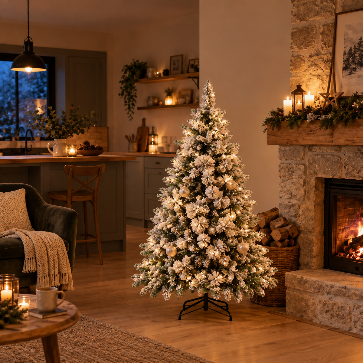 Sapin Flocon floqué 150 LED pompons blancs | Sapin Élégance