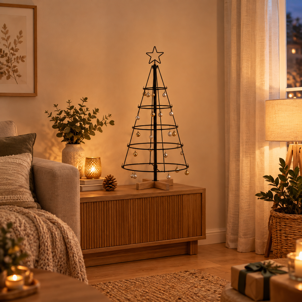 Sapin Acier et Bois structure anneaux socle bois | Sapin Élégance