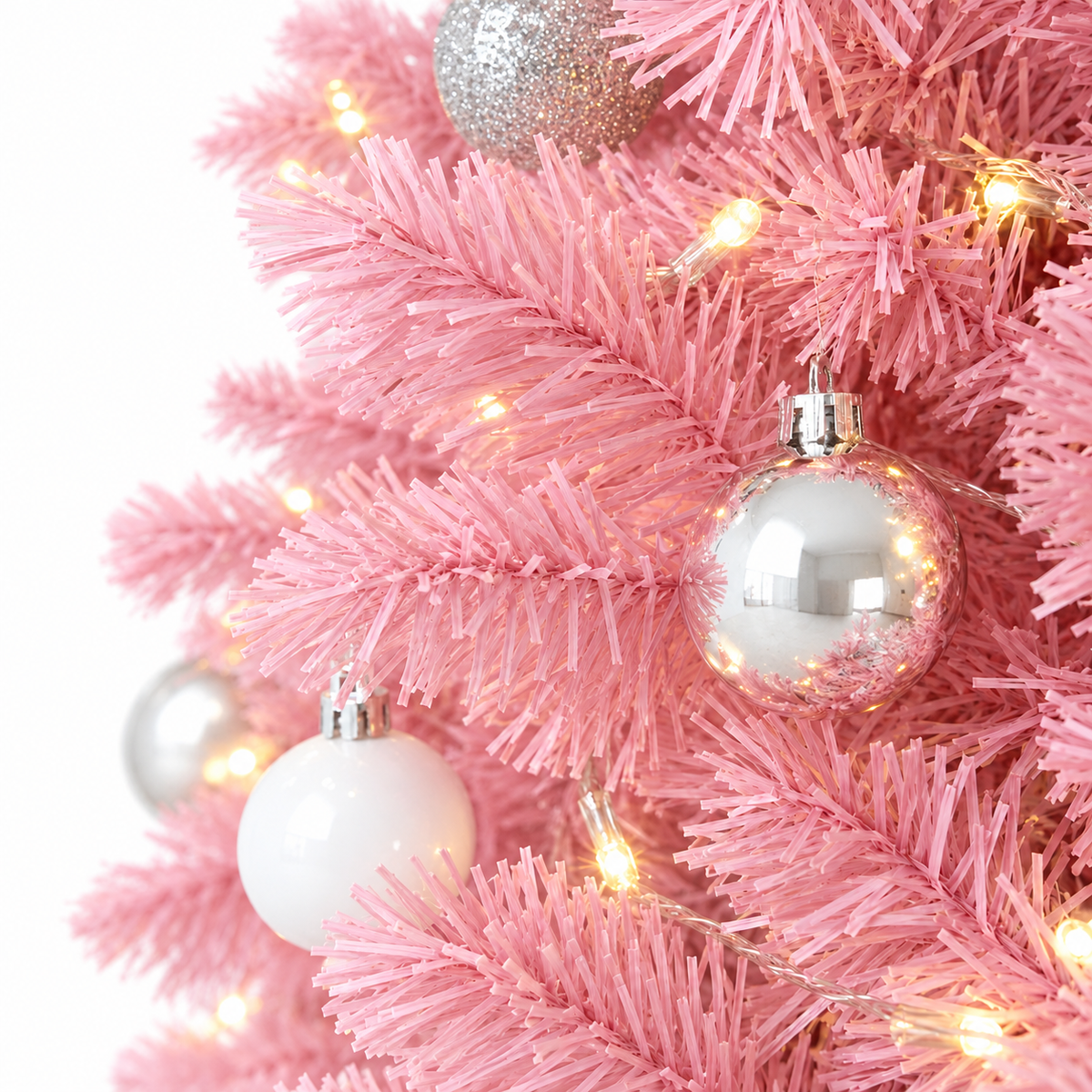 Sapin Candy rose boules argentées LED | Sapin Élégance