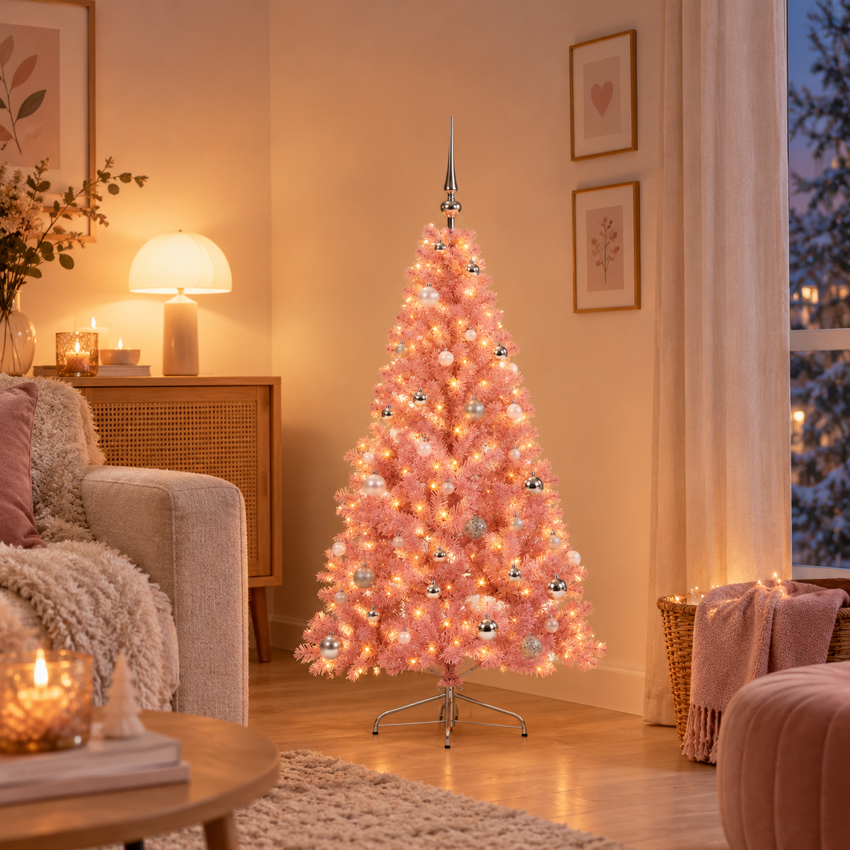 Sapin Candy rose boules argentées LED | Sapin Élégance