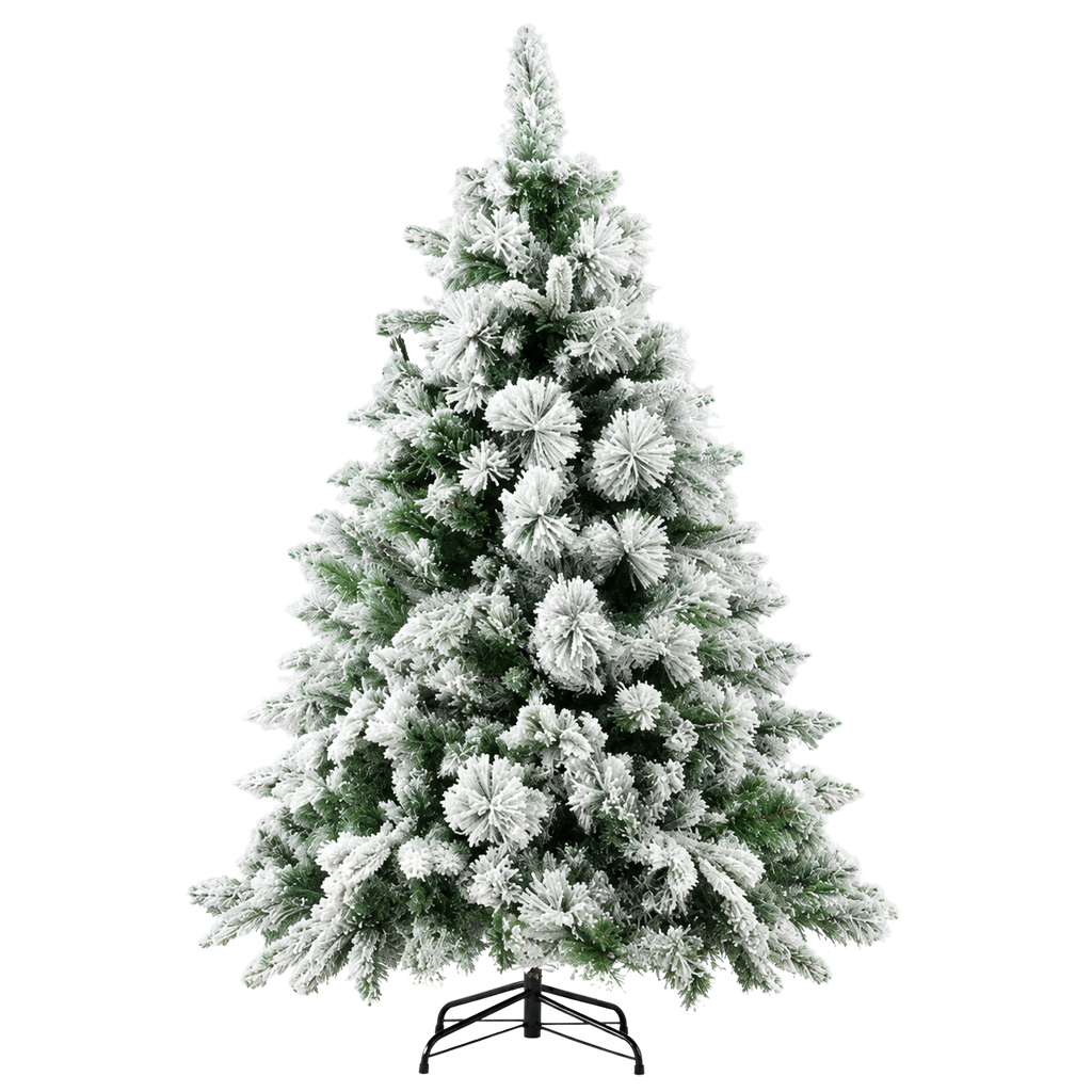 Sapin Flocon floqué 150 LED pompons blancs | Sapin Élégance