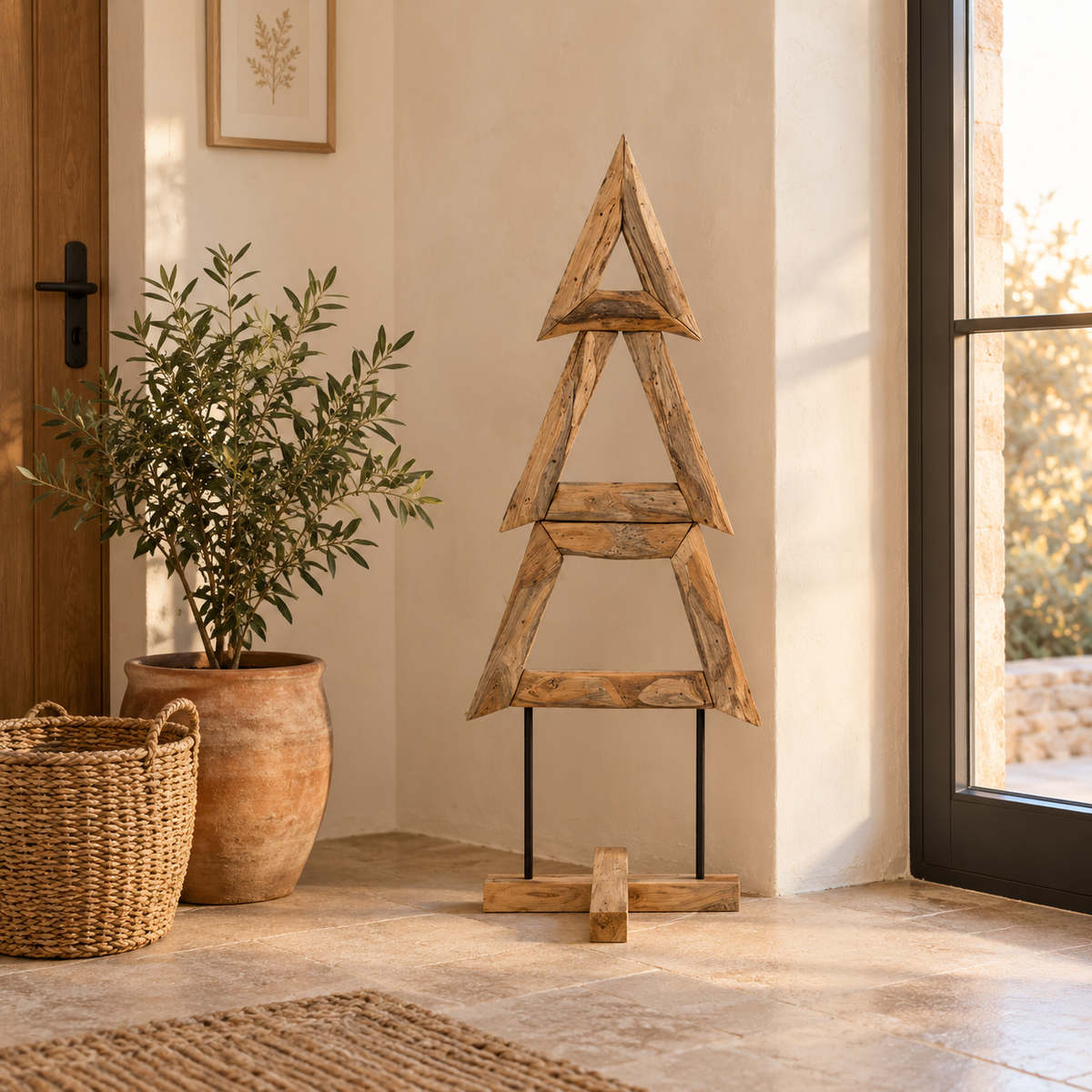 Sapin Totem bois teck massif socle croix | Sapin Élégance
